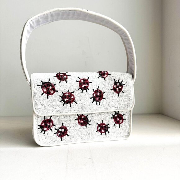 Beaded Lady Bug Lucky White Red Large Baguette Bag - Picture 1 of 14